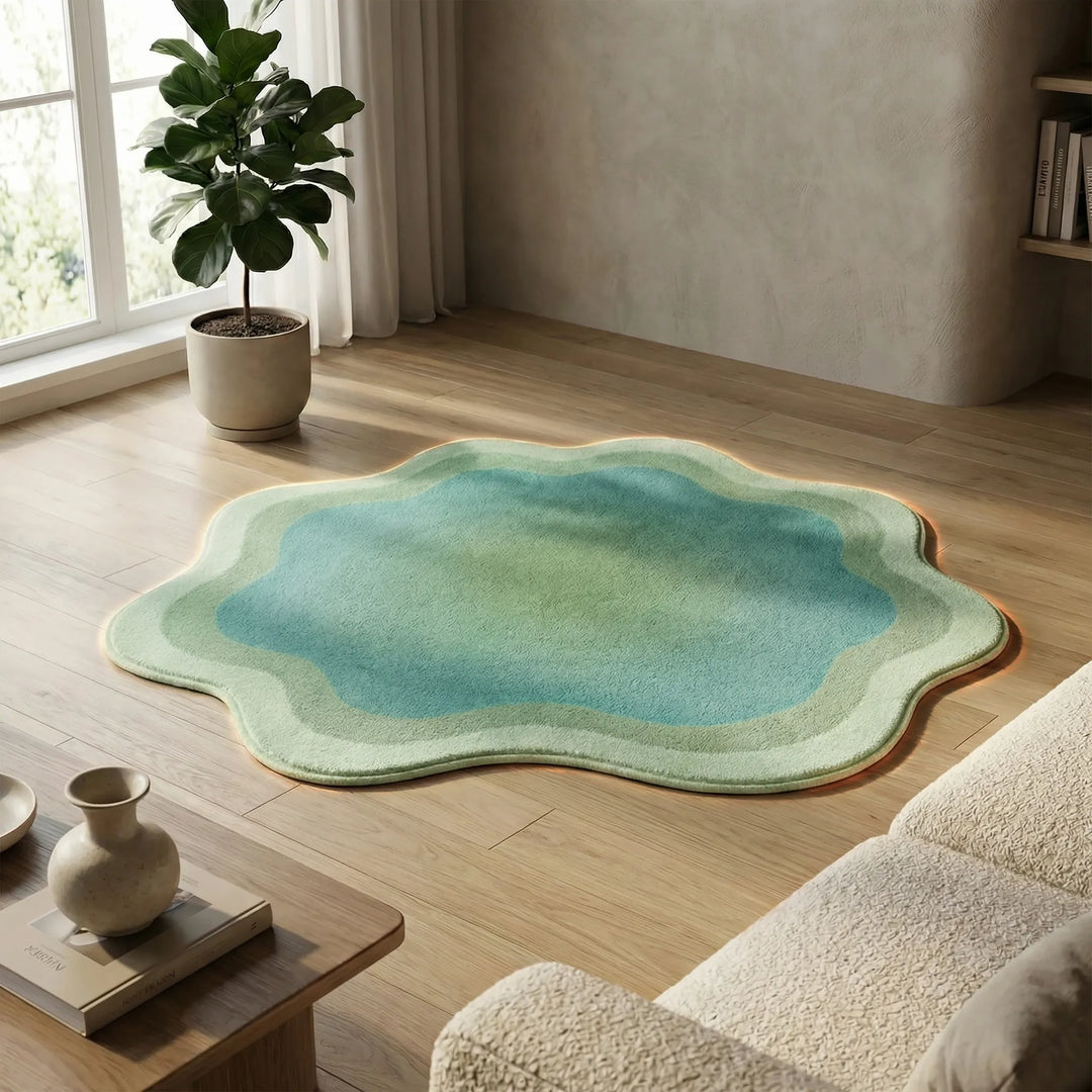 Flowique vibrant gradient area rug showcasing wave patterns, a plush and non-slip modern decor accent.