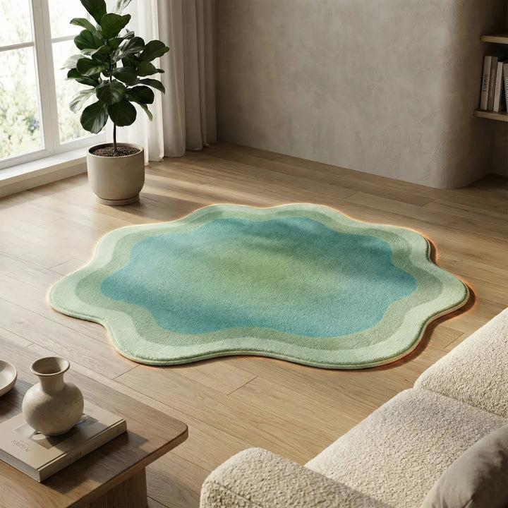 Flowique vibrant gradient area rug showcasing wave patterns, a plush and non-slip modern decor accent.