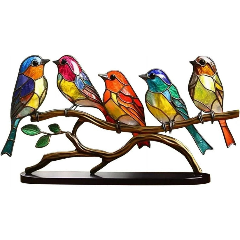 Vibrant handmade stained glass bird suncatcher, perfect window decor for a colorful home accent.