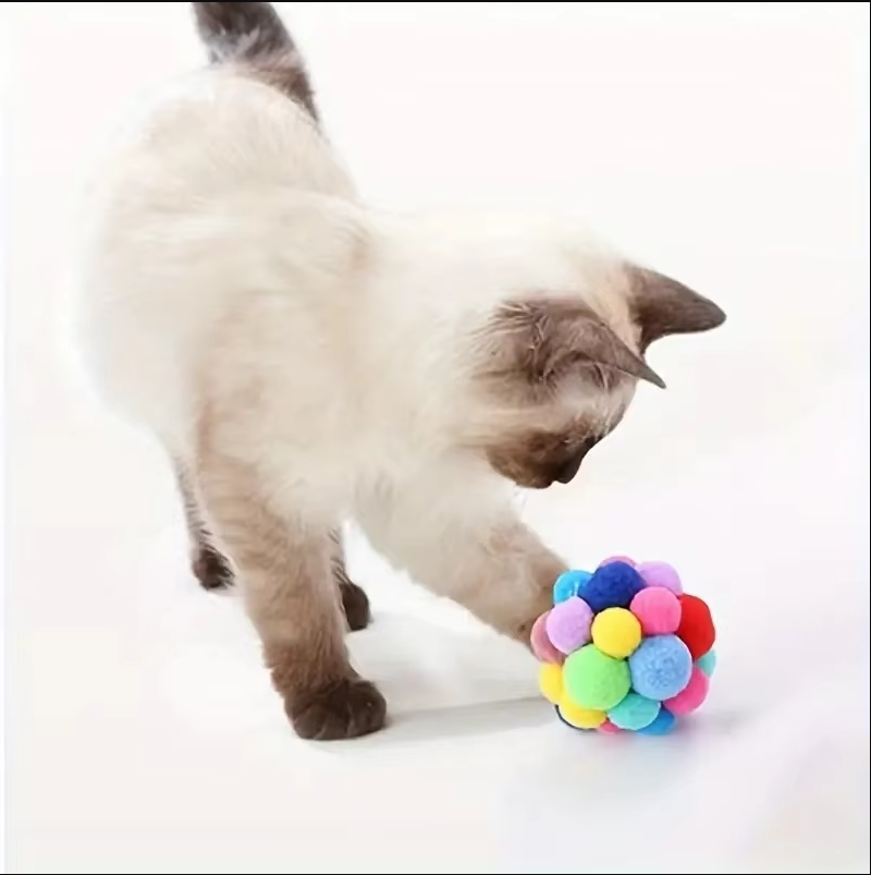 A cat sniffing and batting at a vibrant pompom toy ball on a light-colored carpet, pet supplies.