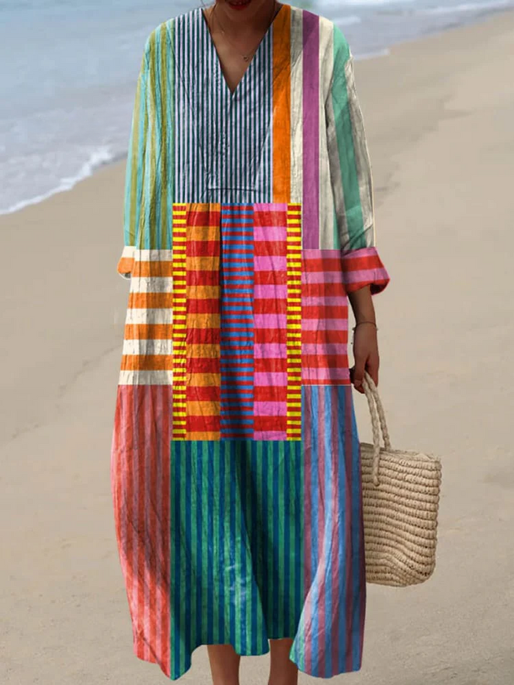 Vibrant patchwork maxi dress for women, featuring a flowy design and elegant casual style, perfect for summer.