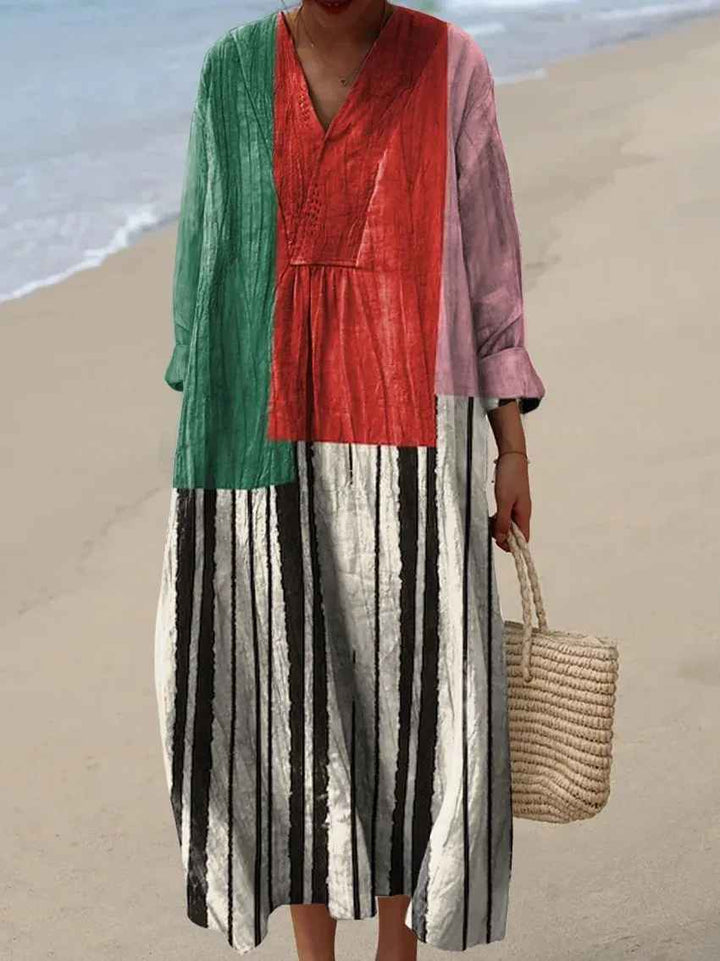 Women's vibrant patchwork maxi dress, a comfortable and stylish casual summer dress with a flowy, elegant design.