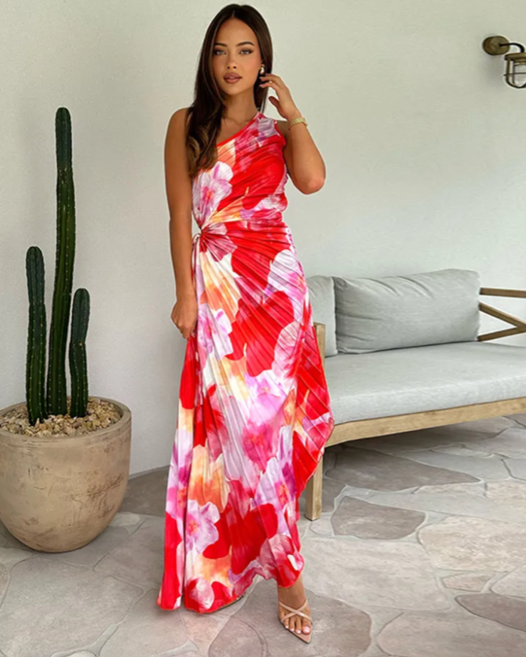 Vibrant printed one-shoulder gown for women, ideal as a wedding guest or summer party dress.