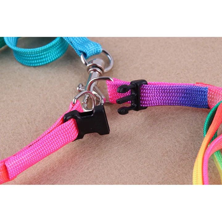 Full view of an adjustable rainbow dog harness and leash, highlighting its bright, multi-colored design.