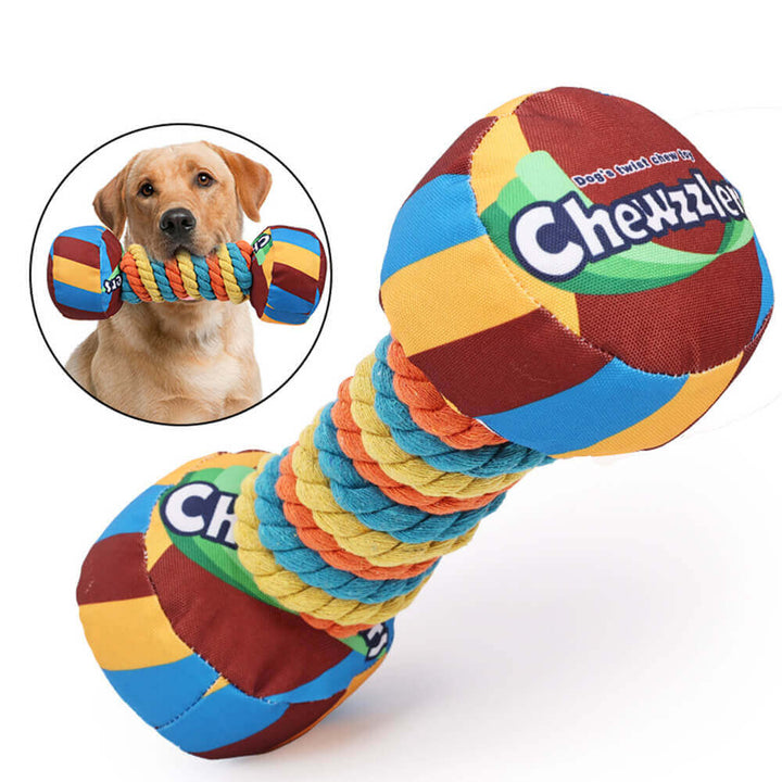 Durable rainbow dumbbell dog toy with squeaker, ideal for pet's dental health