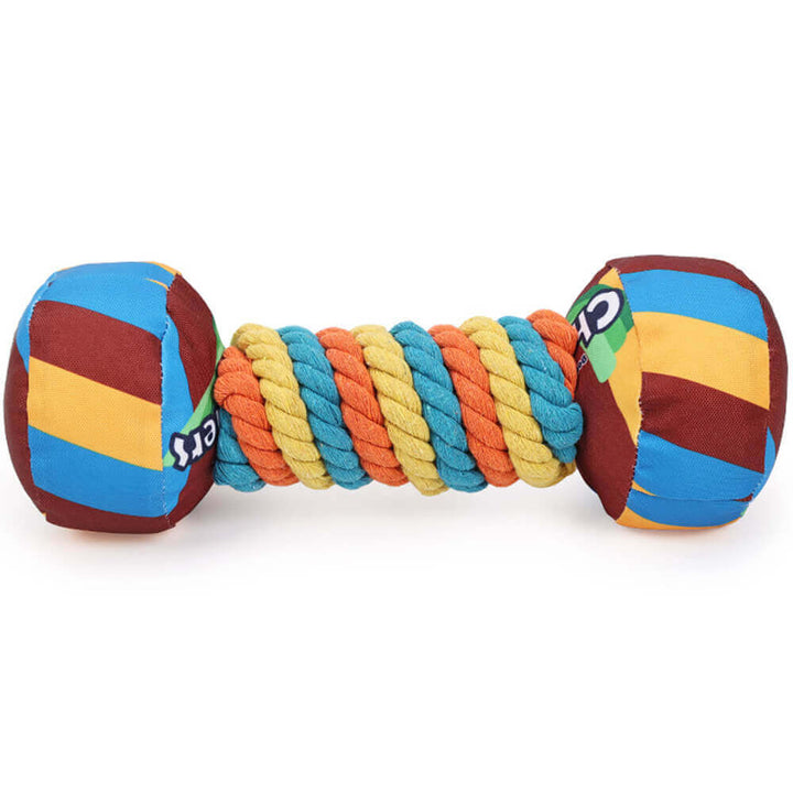 Pet-safe rainbow dumbbell dogtoy, designed for stimulating play and dental cleaning