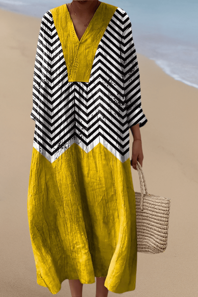 Vibrant Women's Melody Midi Dress featuring bold zigzag patterns & yellow accents, ideal for elegant summer casual wear.
