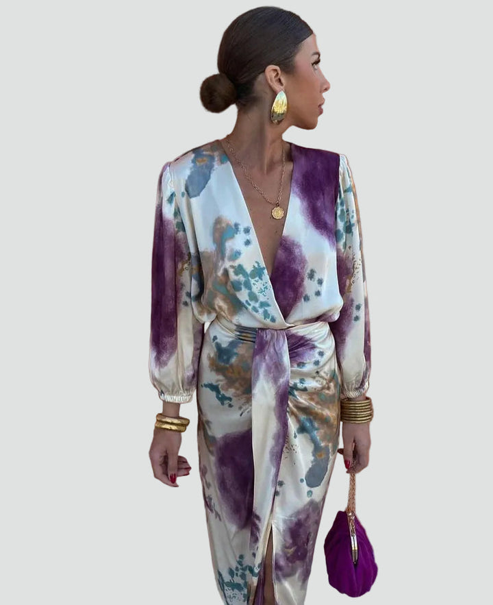 Vibrant women's tie-dye wrap midi cocktail dress with V-neck and 3/4 sleeves, perfect for special occasions.