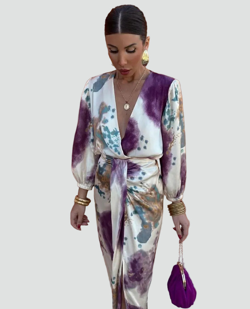 Colorful tie-dye wrap midi dress for women, featuring a flattering V-neck, 3/4 sleeves, and adjustable waist.