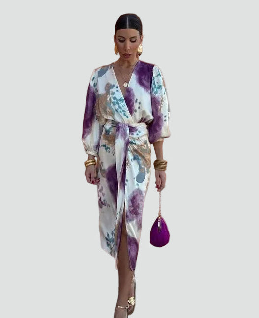 Elegant women's tie-dye wrap midi dress with V-neck, 3/4 sleeves, and adjustable waist, ideal for events.