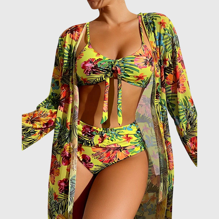 Vibrant women's tropical print two-piece bikini swimsuit set, perfect for beachwear & summer vacations.