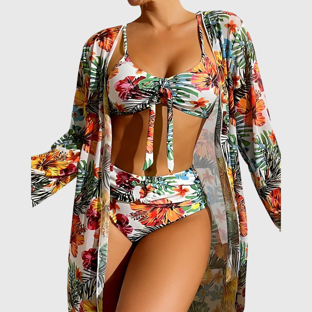 Stylish women's tropical floral print bikini swimsuit set. Ideal two-piece swimwear for summer, beach, & vacation.