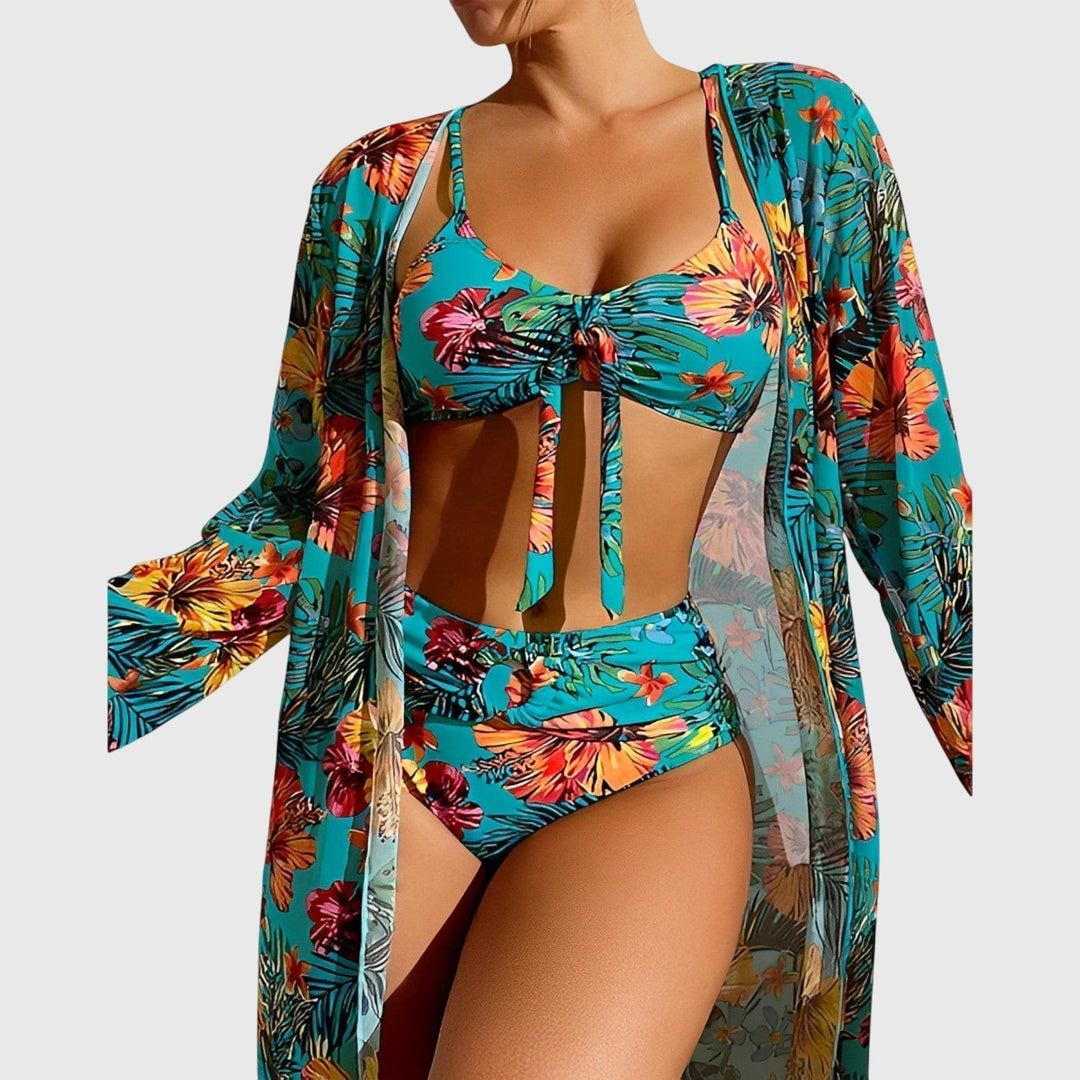 Eye-catching tropical print women's two-piece bikini. Vibrant swimsuit set, perfect for summer beach holidays & resort.