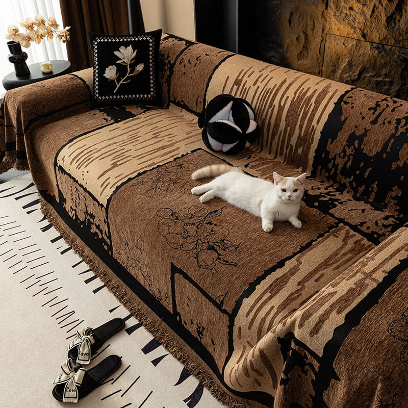 Close-up shot emphasizing the durable weave of the vintage chenille fabric, ideal for a couch protector