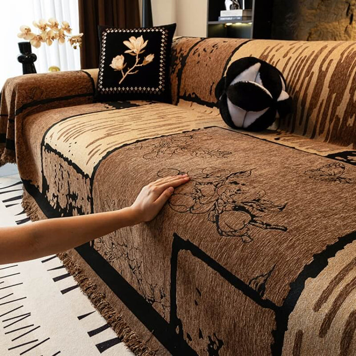 Overhead view of a sofa with a vintage chenille throw, illustrating full coverage and furniture protection