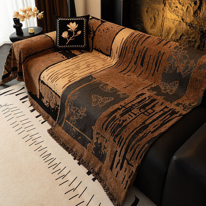 Vintage-style chenille couch cover in a warm color, designed as an effective and decorative sofa protector