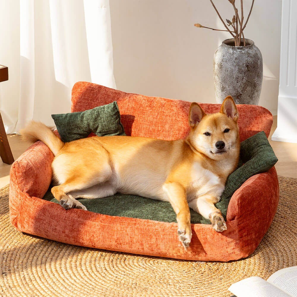 Vintage chenille pet sofa bed, cozy dog/cat bed, washable pet furniture, non-slip base