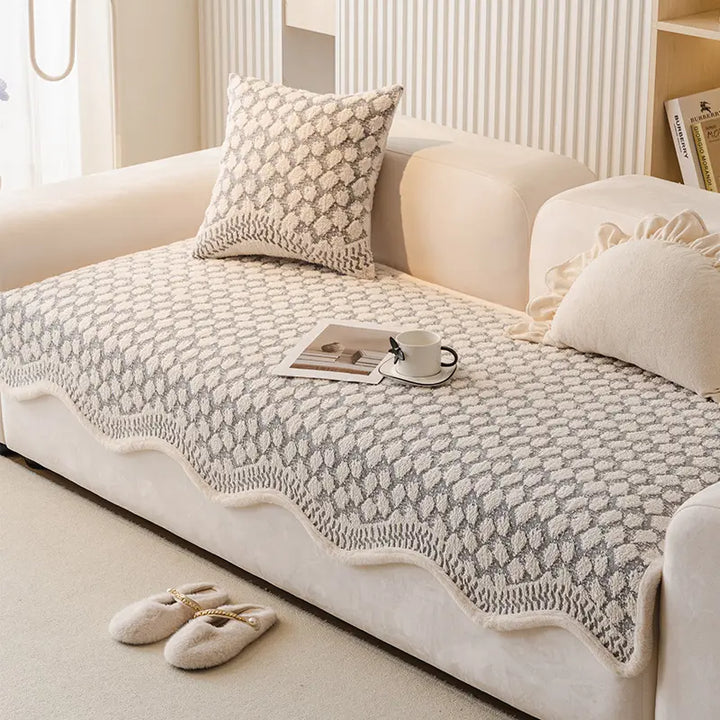 Lifestyle image of a vintage chenille sofa cover, keeping furniture safe from daily wear