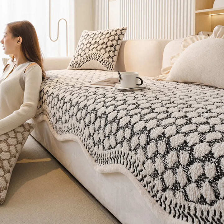 Close-up of vintage chenille sofa protector texture, showing soft feel and durability