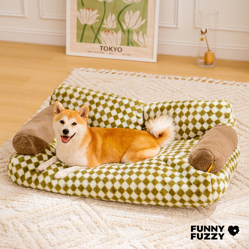 Small dog bed resembling a vintage sofa with elegant diamond pattern upholstery