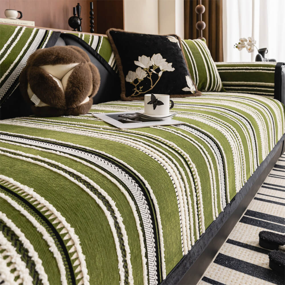 Unisex vintage jacquard chenille sofa slipcover, pet-friendly and non-slip, neutral tone home decor.