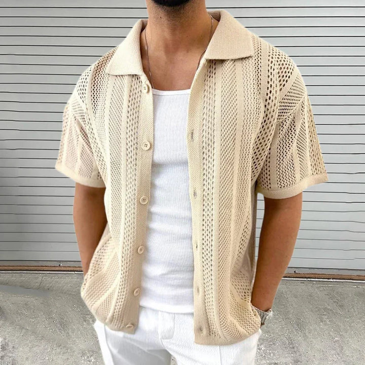 Vintage men's summer shirt with unique hollow design and short sleeves, perfect for casual beach or vacation wear.