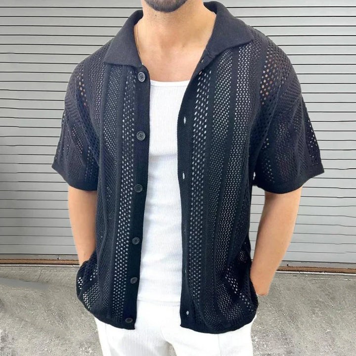 Stylish men's hollow design button-up shirt in a vintage style, ideal for summer, beach, or resort outfits.