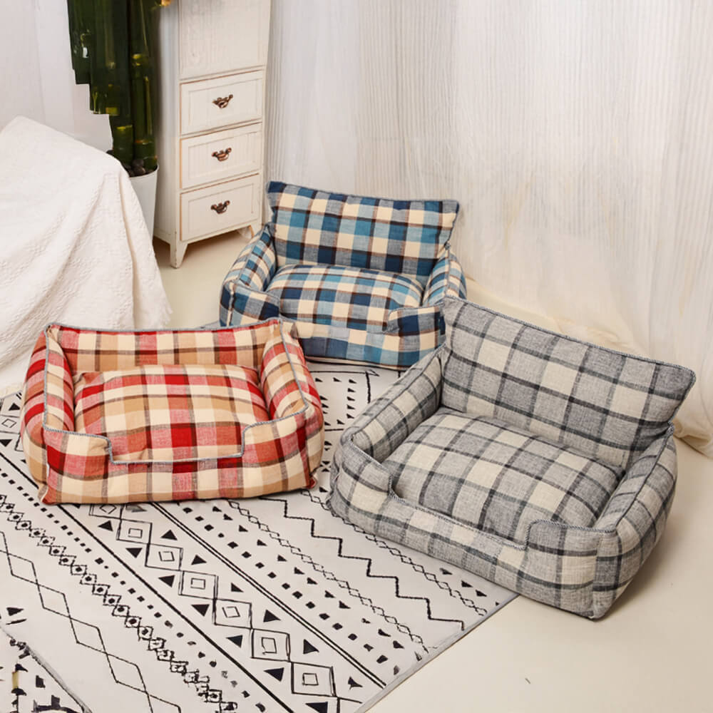 Vintage plaid dog sofa bed with soft blanket & pillow for small to medium pets