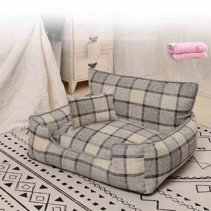 Plaid pet bed with a vintage aesthetic, includes a warm blanket and a comfortable pillow