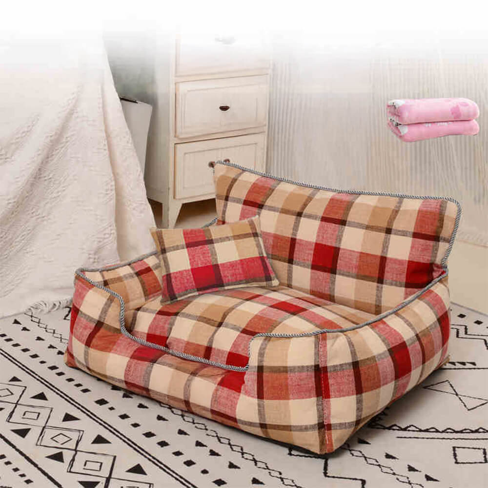 Durable pet sofa bed: vintage plaid design with blanket & pillow, suitable for dogs & cats