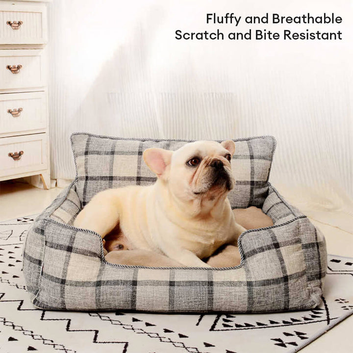 Plaid dog & cat bed in vintage design, featuring bolster pillow and soft blanket