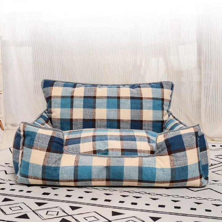 Cozy pet sofa bed: vintage plaid pattern, soft blanket, and supportive pillow included