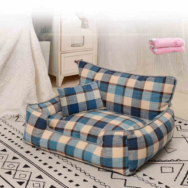 Luxury pet bed: washable vintage plaid sofa for dogs & cats, with integrated blanket