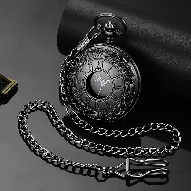 Retro silver pocket watch featuring bold Roman numerals, a stylish fashion statement.