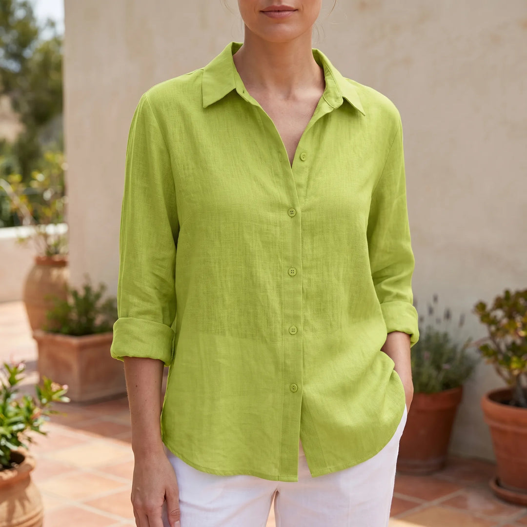 Viola women's effortless long-sleeve blouse. Lightweight summer top with collared, button-up design.