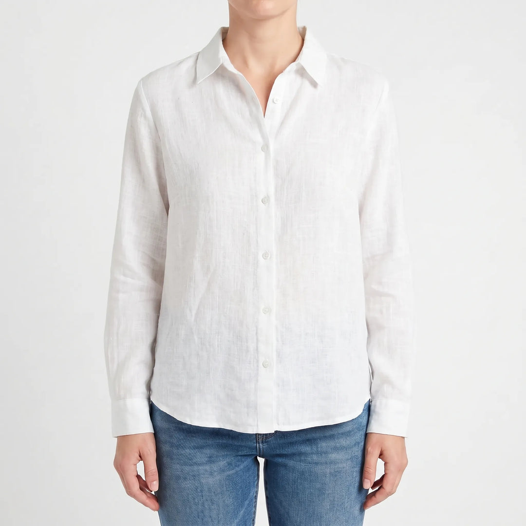 Viola women's lightweight long-sleeve top. Collared button-up blouse, essential for summer apparel.