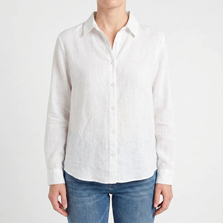 Viola women's lightweight long-sleeve top. Collared button-up blouse, essential for summer apparel.