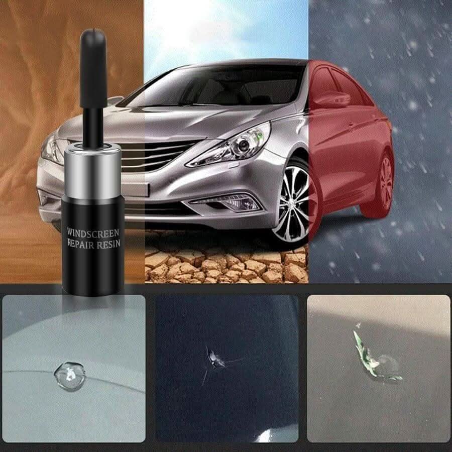 VISIFIX kit repairing a star-shaped chip on a car windshield, ensuring clear and safe driving vision.
