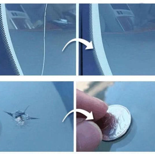 DIY auto glass repair kit, fixing a long crack on a car windshield, preventing further damage and enhancing safety.