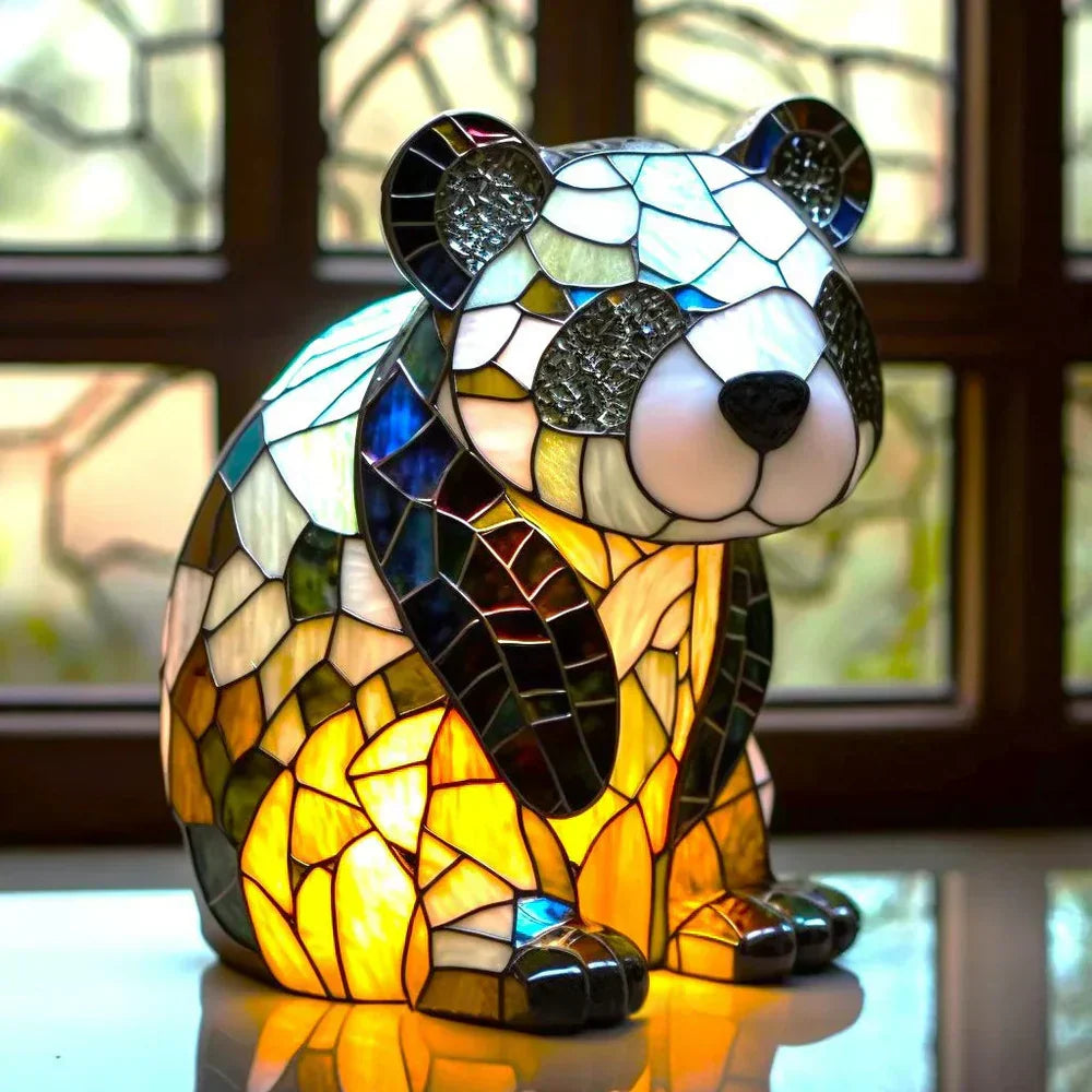VitraFauna owl stained glass table lamp. Artistic animal decor for ambient home accent lighting.