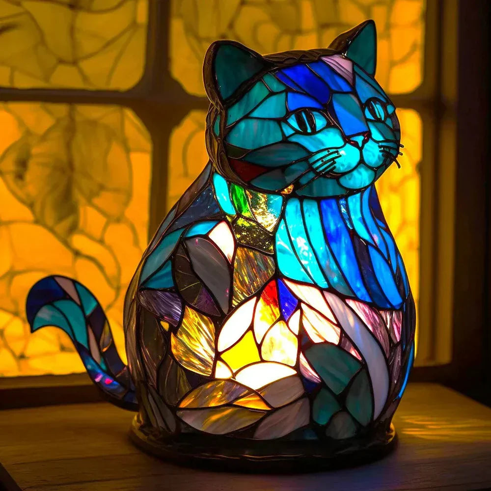 Tiger stained glass lamp. Front view. Artistic animal decor, ambient home lighting, unique gift.
