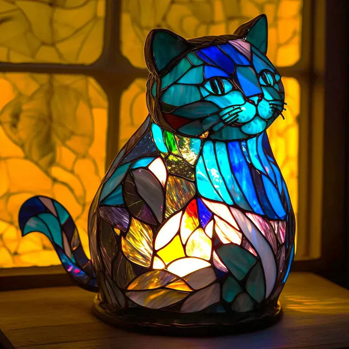 Tiger stained glass lamp. Front view. Artistic animal decor, ambient home lighting, unique gift.