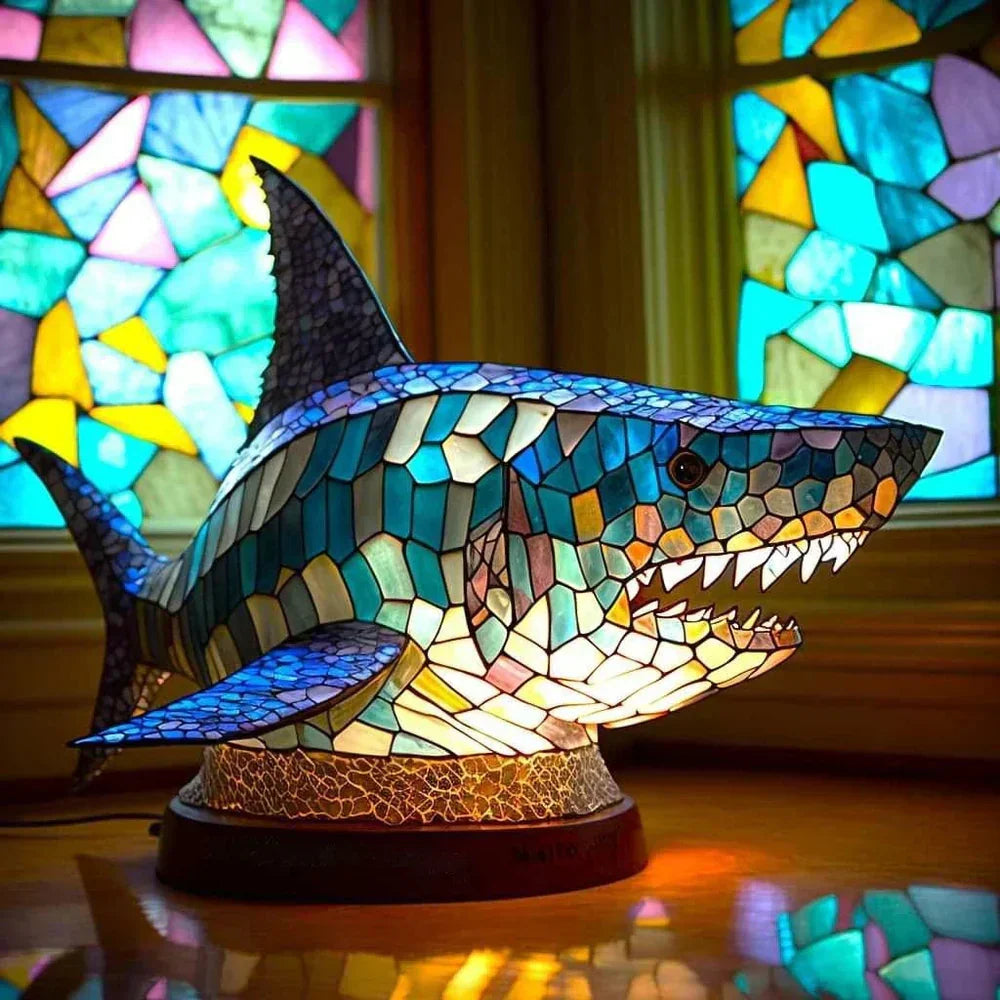 VitraFauna dragon stained glass lamp. Fantasy wildlife art, decorative home lighting.
