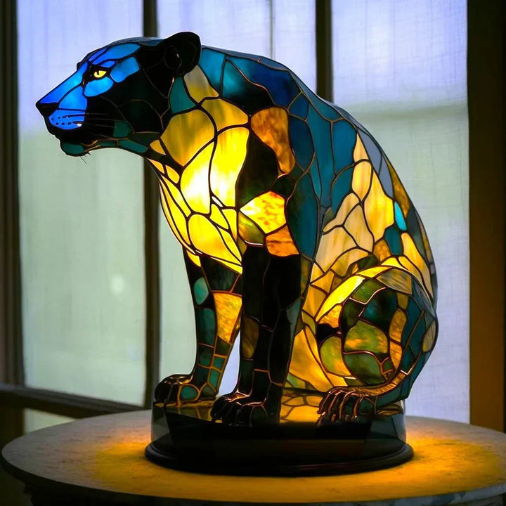 Elegant deer stained glass lamp. Ambient lighting, animal decor, and artistic home accent.