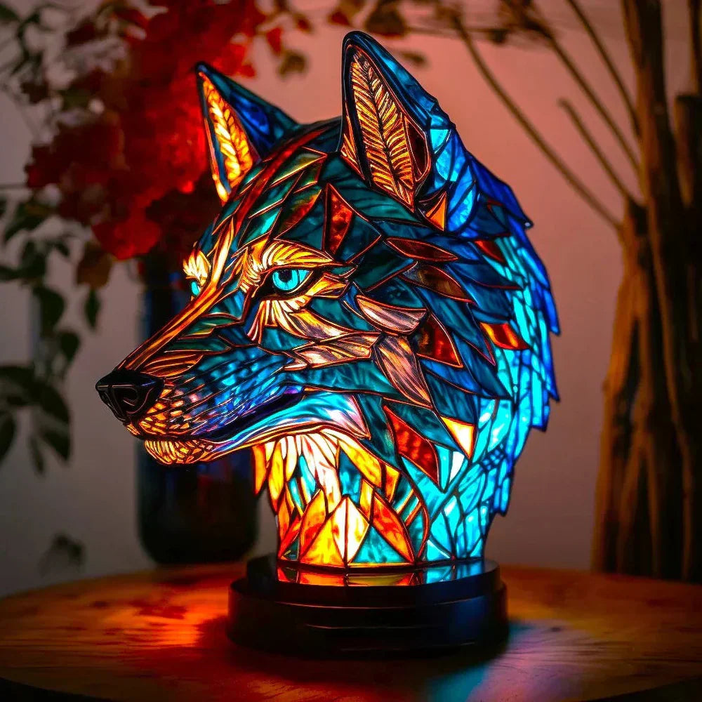 Bear stained glass table lamp. Unique wildlife art decor, ambient lighting & home accent.