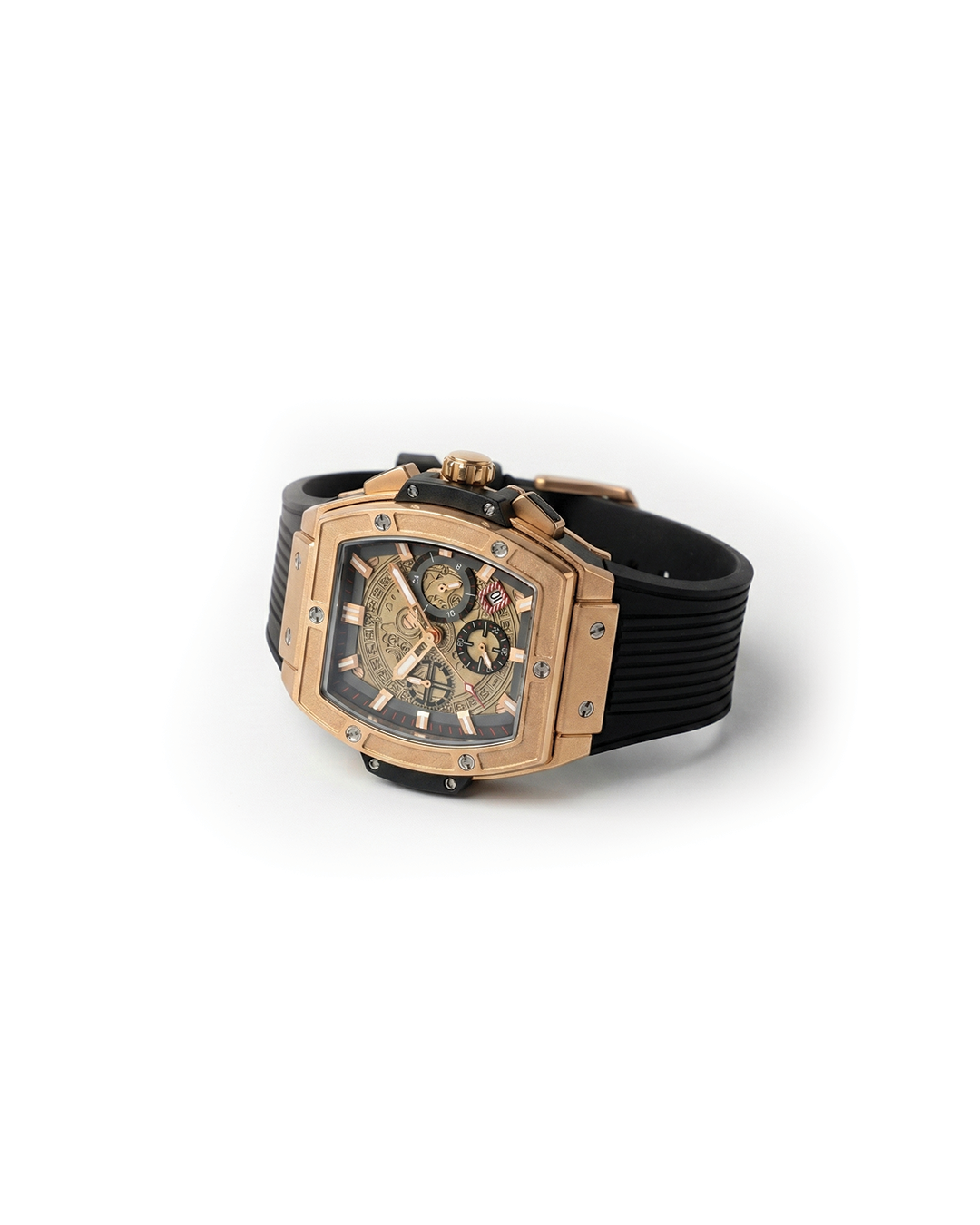 Men's durable multifunction watch with a sophisticated gold finish and black silicone band.
