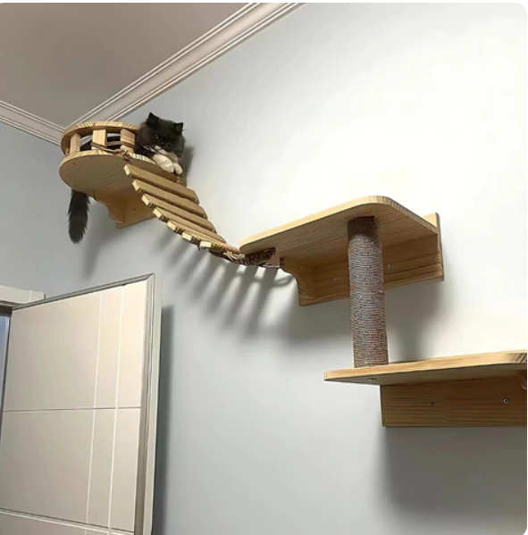 Close-up of a cat climbing bridge, showing sisal ladder texture for pet enrichment.