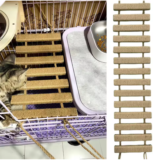 Modern cat climbing bridge and sisal ladder, wall-mounted pet supplies for active cats.