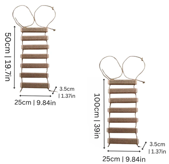 Cat activity center: wall bridge with hanging sisal ladder, promoting natural climbing instinct.