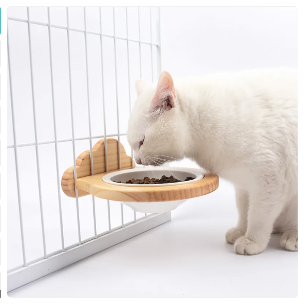 Wall mounted cat food bowl with cloud design wooden frame for elevated pet feeding